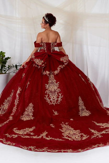 Burgundy quinceanera ball gown with lace-up corset back, gold embroidery, bead accents, and layered glitter tulle skirt