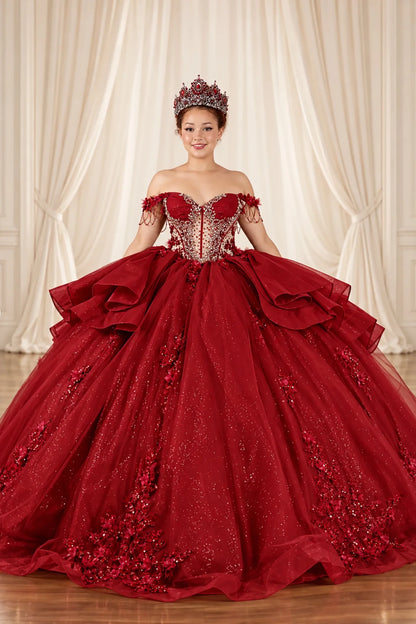 Burgundy quinceañera ball gown with a beaded corset bodice and layered glitter tulle skirt, full front view.