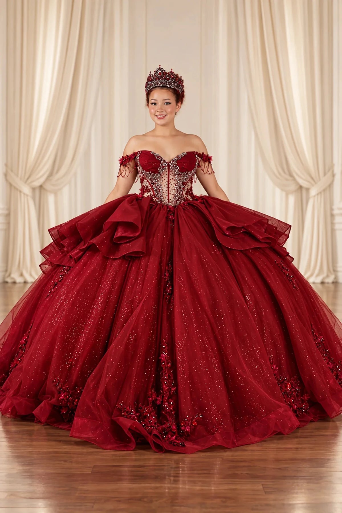 Burgundy quinceañera ball gown with a voluminous layered skirt and embellished off-shoulder neckline, front pose.
