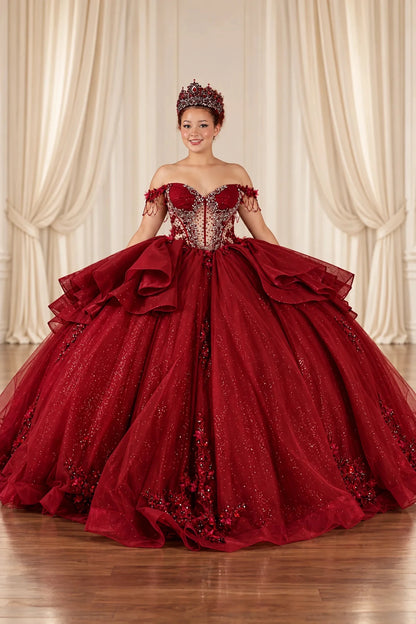 Burgundy quinceañera ball gown with a voluminous layered skirt and embellished off-shoulder neckline, front pose.