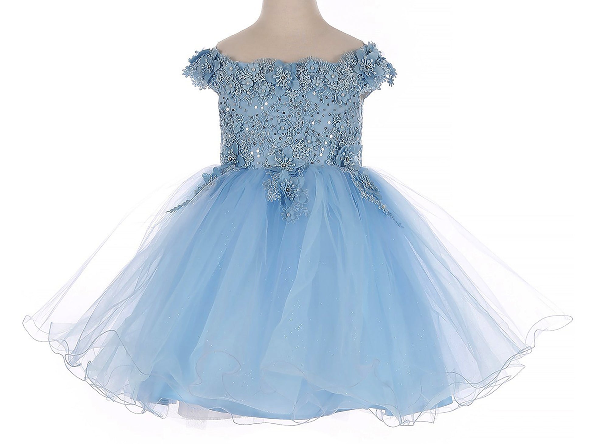 Sky Blue Off the shoulder Embedded 3D Floral & Rhinestones Sparkling Glitter Tulle Flower Girl Dress - zoomed in view of dress showing pattern