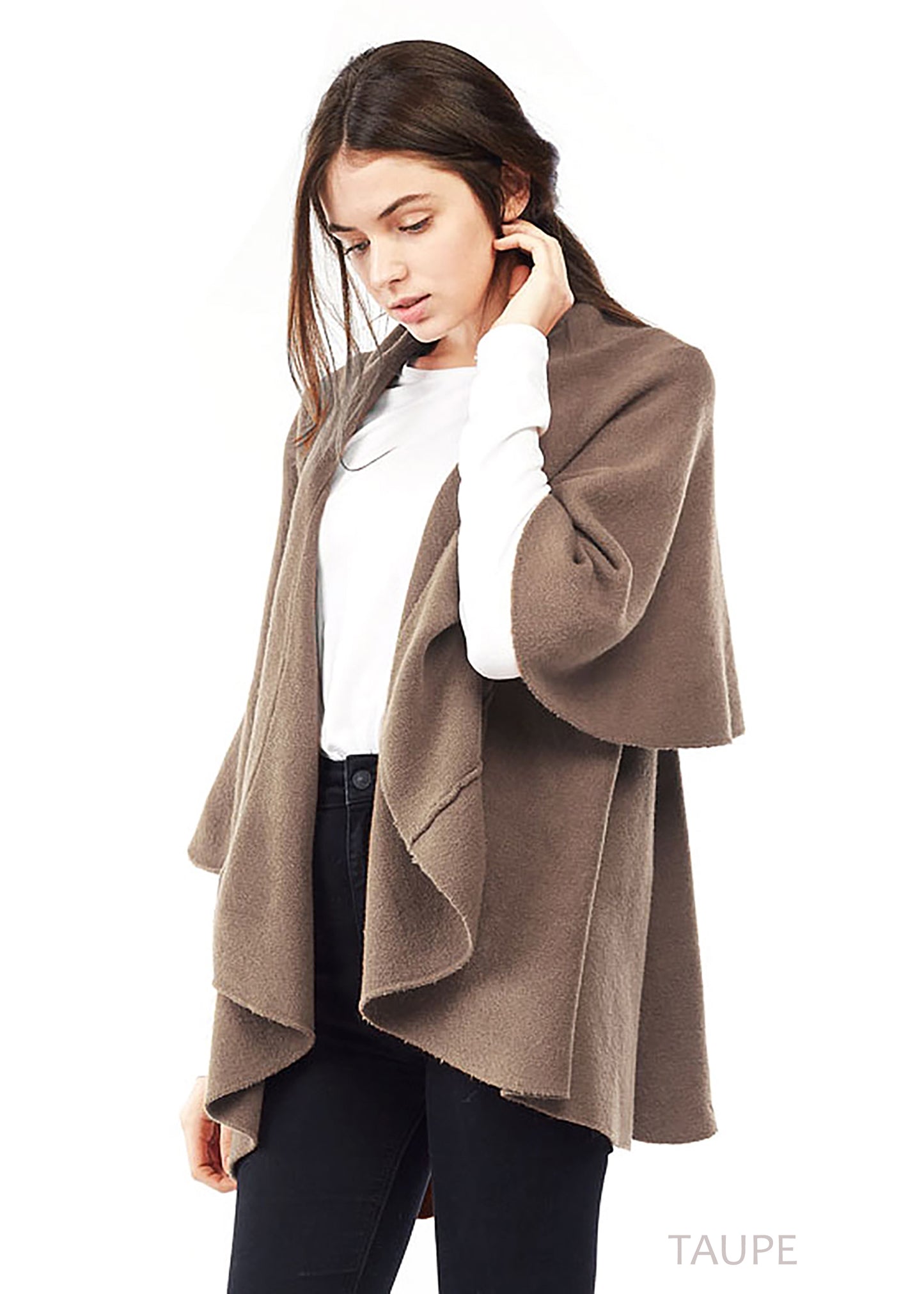 Women 4-in-1 Winter Basic Shawl Vest - woman wearing taupe shawl vest