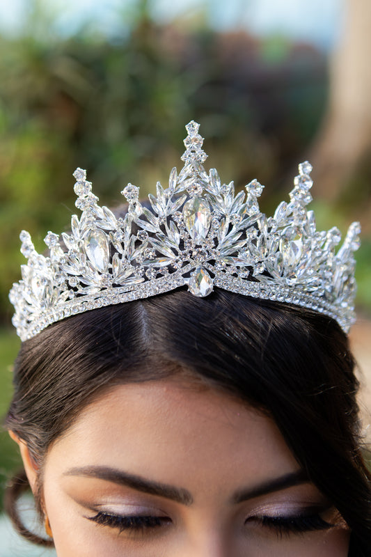 Close-up of a person wearing a sparkling silver bold tiara with a blurred natural background