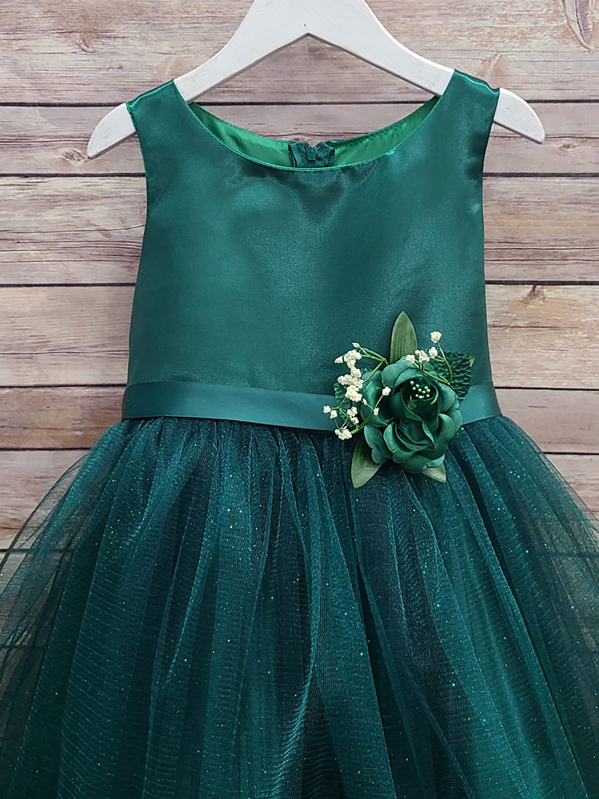 USA Made | Hunter Green Dull Satin and Tulle dress with beautiful pin-on bouquet satin sash Flower Girl dress - zoomed in front view of dress