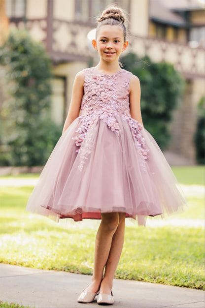 Mauve Beautiful 3D Flower Girl Sleeveless Dress | Flower Girl Dress | Birthday Girl Dress - front view of girl wearing dress and smiling standing in front of grass