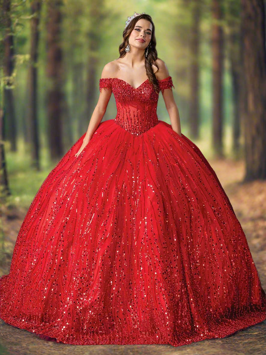 Quinceañera | Red Sparkling Off-Shoulder Sequined Quince Ball Gown | Angélica dress front