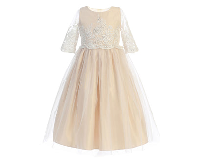 Sequin detail Scalloped Lace Top with Satin & Tulle Flower Girl Dress - front view of dress