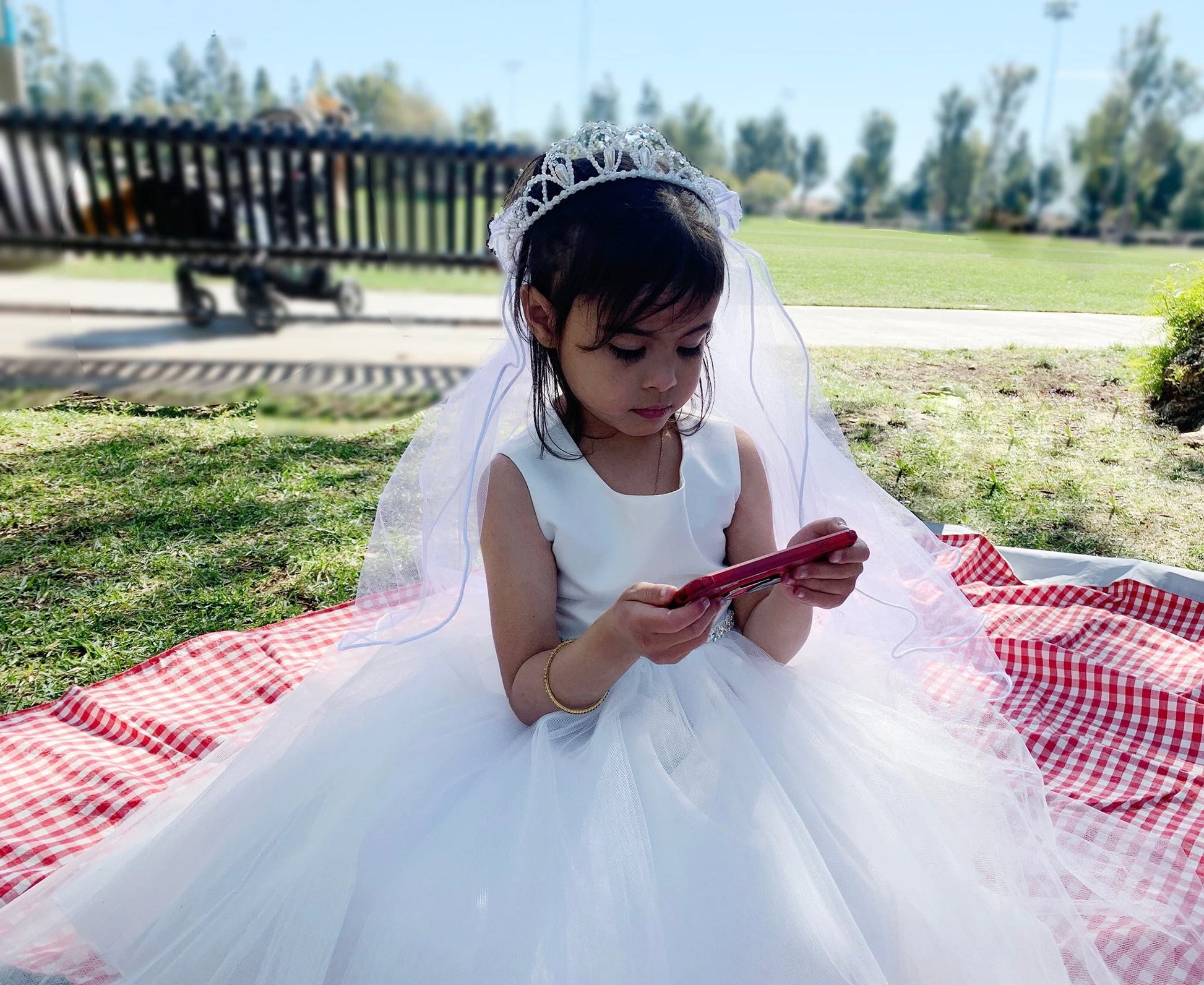 USA Made | Handmade Pearl and Rhinestone Tiara with 2-Tiered Veil | Flower Girl | First Communion