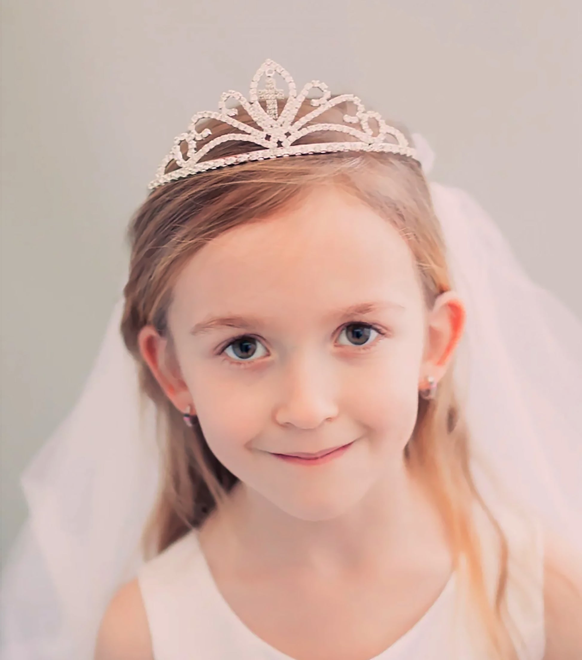 Rhinestone Cross Tiara with Veil | Communion Tiara and Veil front