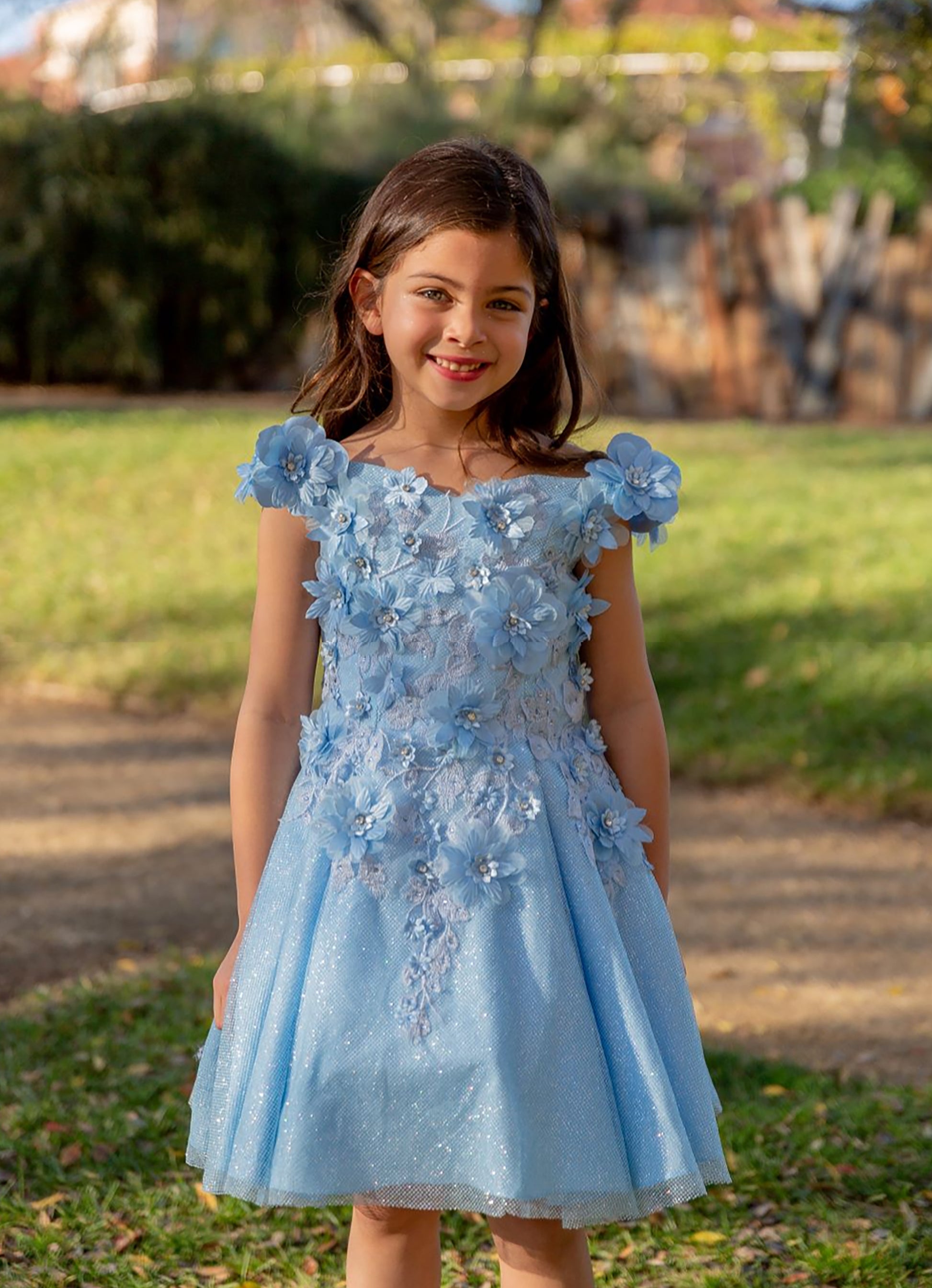 Blue Kid Dress | Off-shoulder 3D flowers with Shiny Fabric Kid Party Flower Girl Dress | Anaya S dress | 6 Colors Available front view