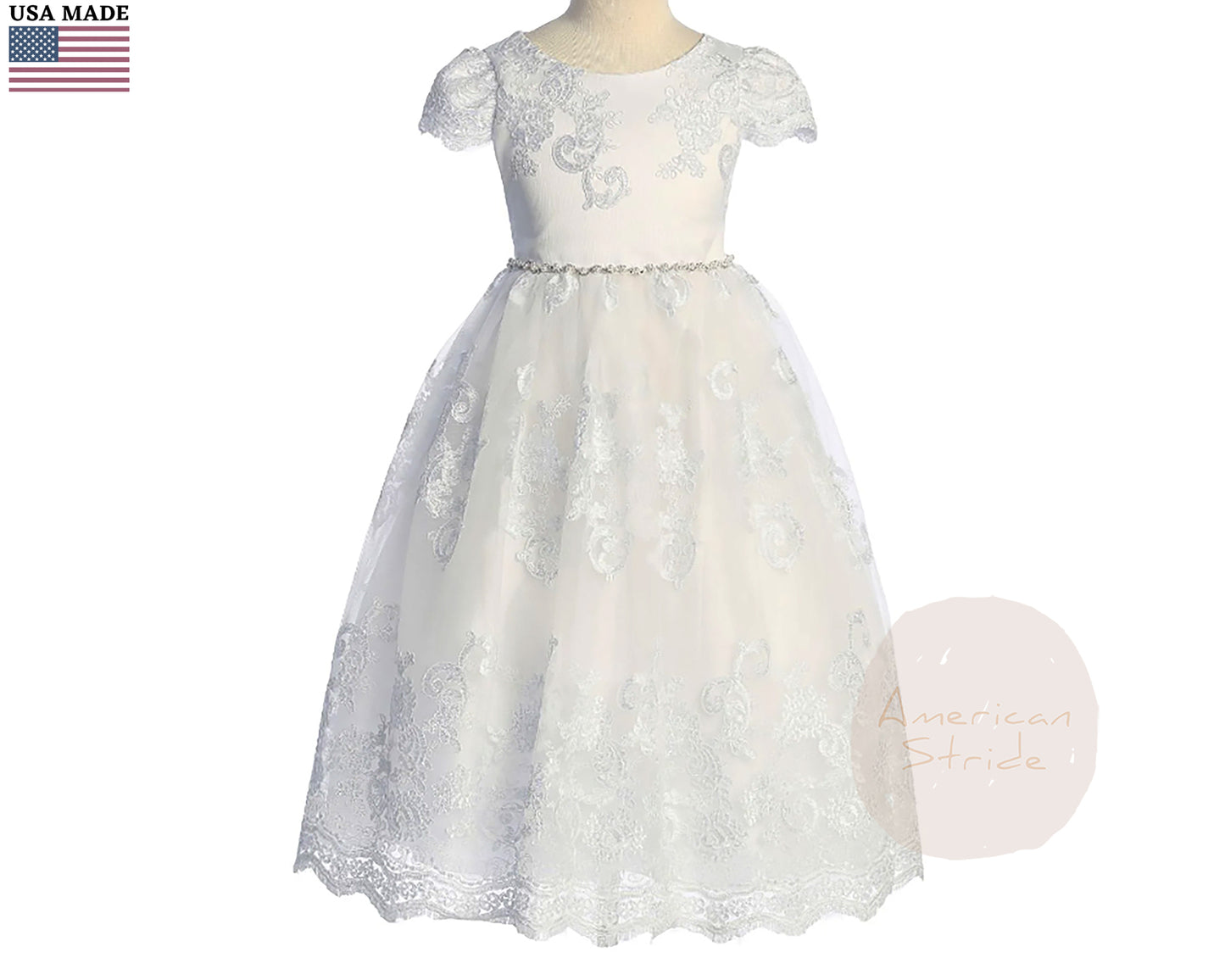 First Communion dress | Cording Lace, 3D Flower Pearls Cap Sleeve Full Length Dress - front view of dress