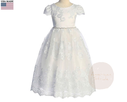 First Communion dress | Cording Lace, 3D Flower Pearls Cap Sleeve Full Length Dress - front view of dress