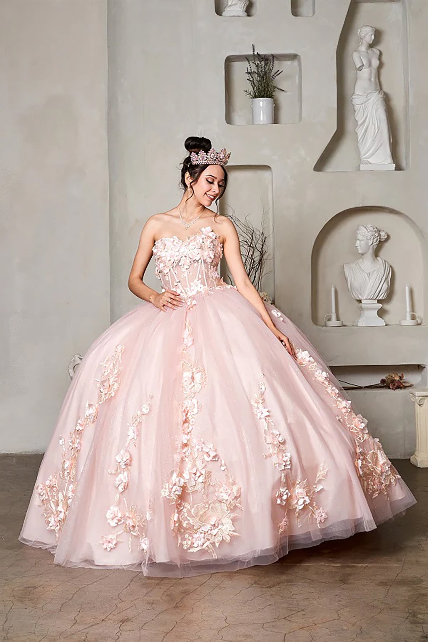 Quinceanera | Sweetheart Corset Gown with Ruffle Sleeves and 3D Floral Appliqués Sweet 15 Ball Gown | Socorra dress front view without puff sleeves