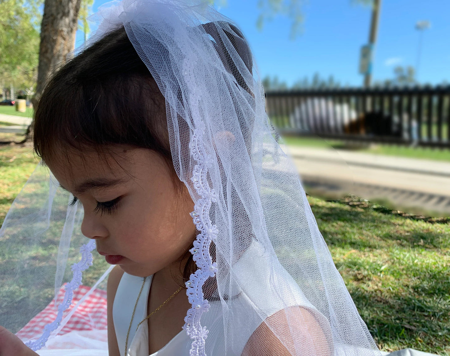 USA Made | Handmade Flower Girl Lace Rhinestone and Pearl Veil | Communion Lace Rhinestone Veil with kid