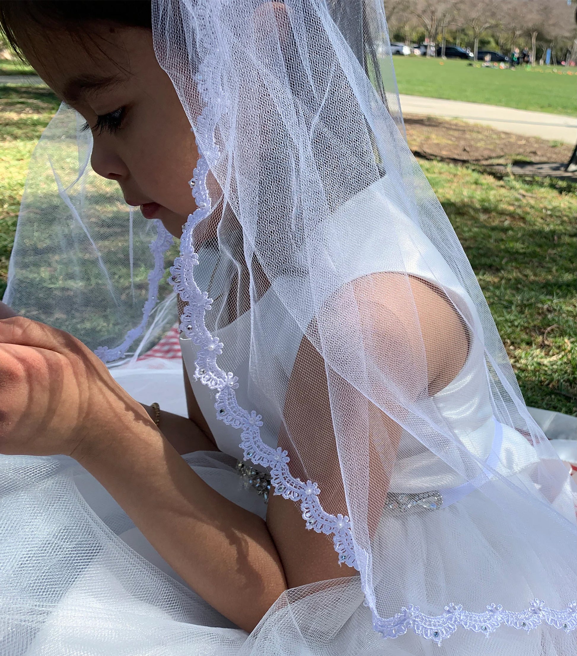 USA Made | Handmade Flower Girl Lace Rhinestone and Pearl Veil | Communion Lace Rhinestone Veil side