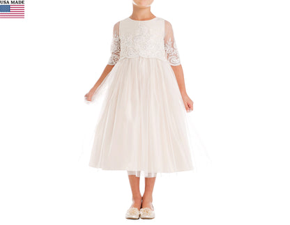 Sequin detail Scalloped Lace Top with Satin & Tulle Flower Girl Dress - front view of girl wearing dress