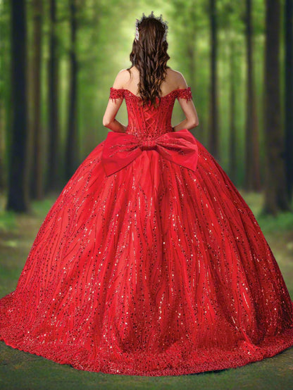 Quinceañera | Red Sparkling Off-Shoulder Sequined Quince Ball Gown | Angélica dress