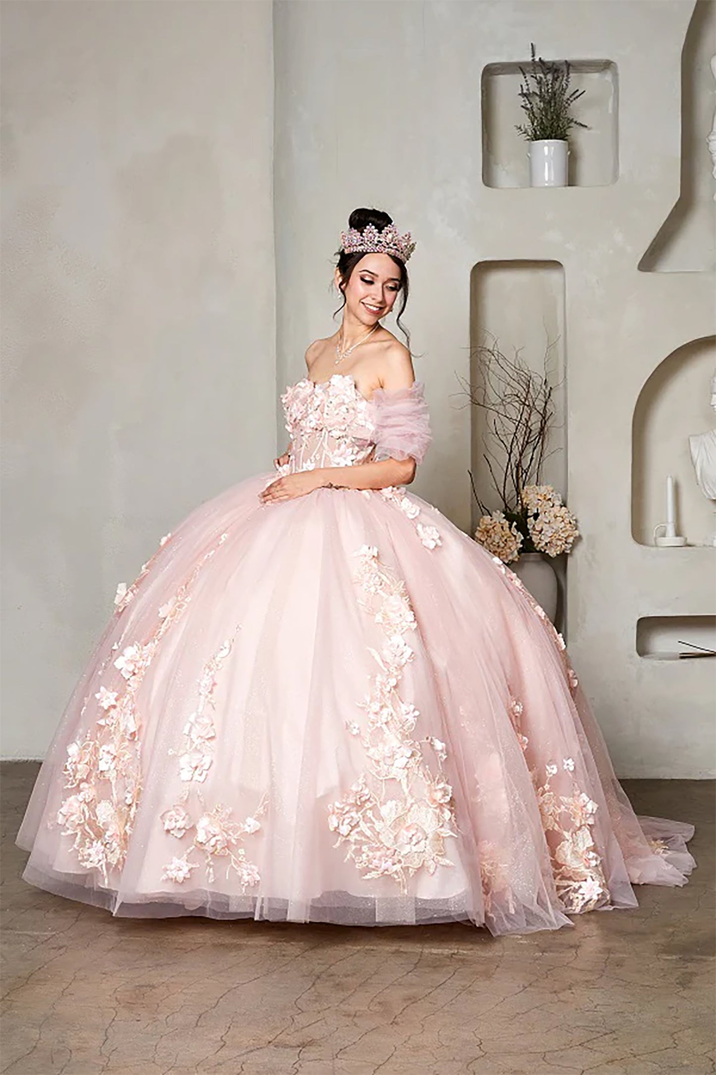 Quinceanera | Sweetheart Corset Gown with Ruffle Sleeves and 3D Floral Appliqués Sweet 15 Ball Gown | Socorra dress front view