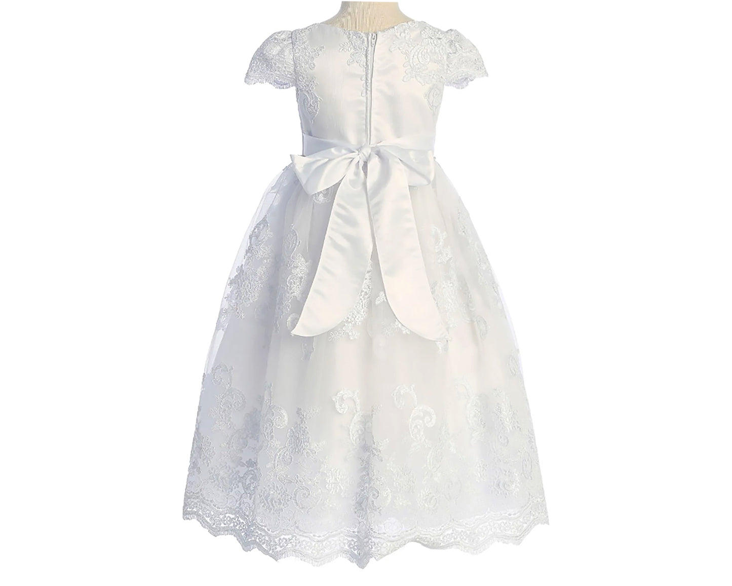 First Communion dress | Cording Lace, 3D Flower Pearls Cap Sleeve Full Length Dress - back view of dress with bow