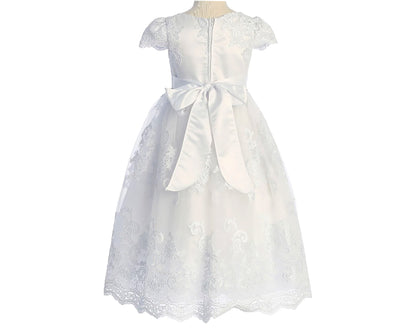 First Communion dress | Cording Lace, 3D Flower Pearls Cap Sleeve Full Length Dress - back view of dress with bow