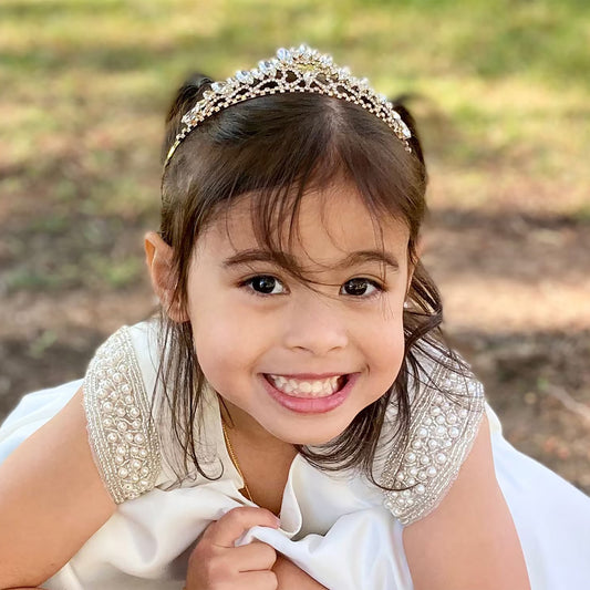 Silver Flower Girl Rhinestone Crystal Tiara | First Communion Tiara girl wearing 
