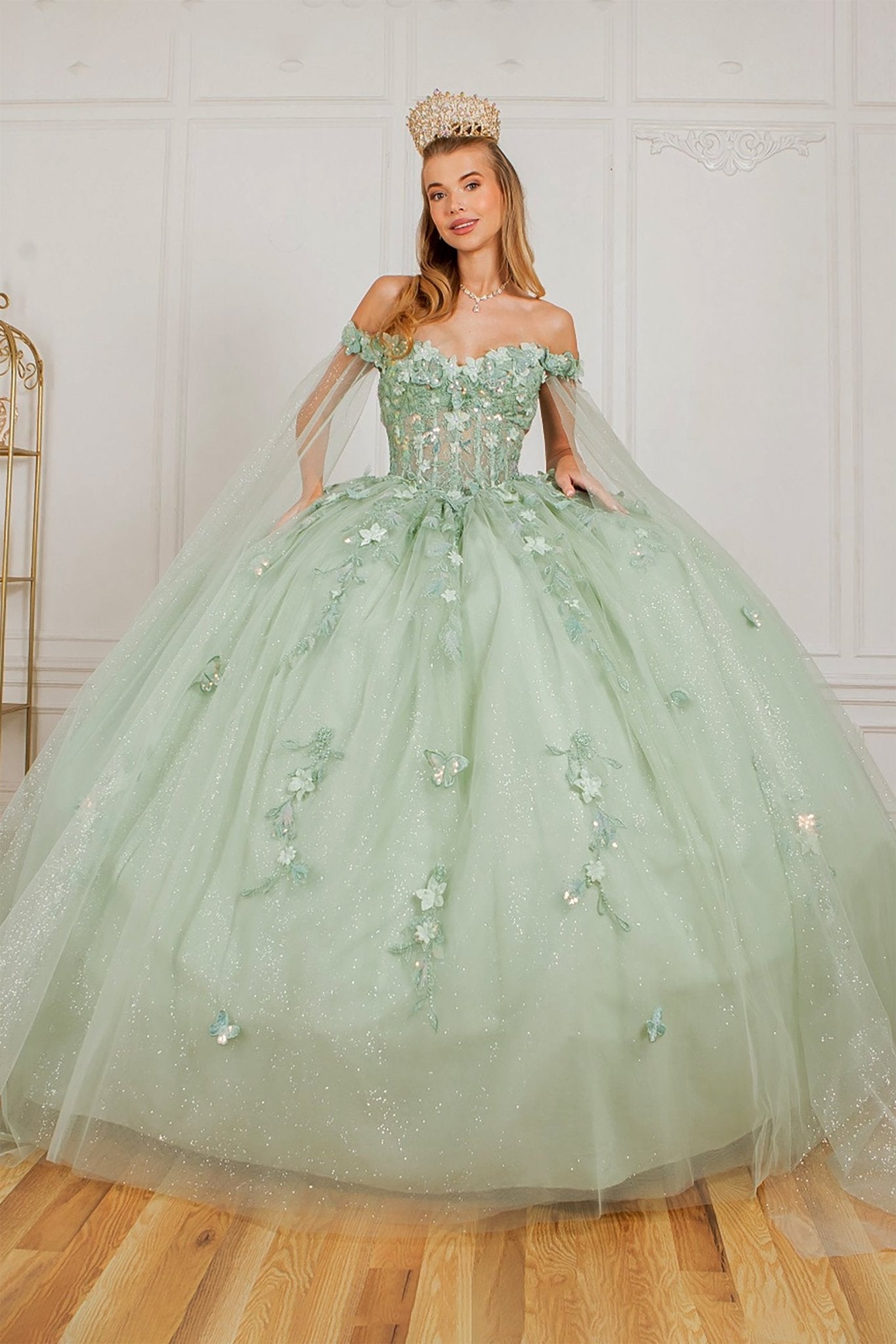 Charming Sage Ball Gown Two-Tone Sequin Butterfly Appliqu Bodice XS / Sage Charming Sage Ball Gown Two-Tone Sequin Butterfly Appliqu Bodice XS / Sage