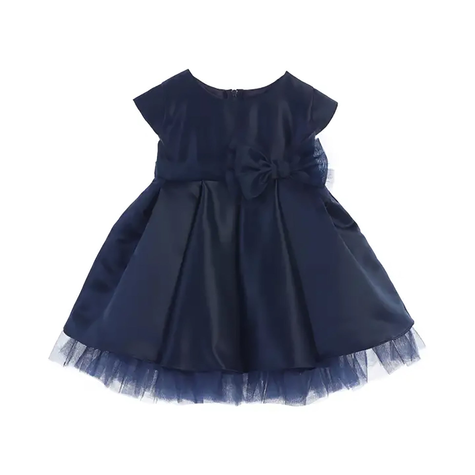 Navy blue dress with a bow detail on a white background
