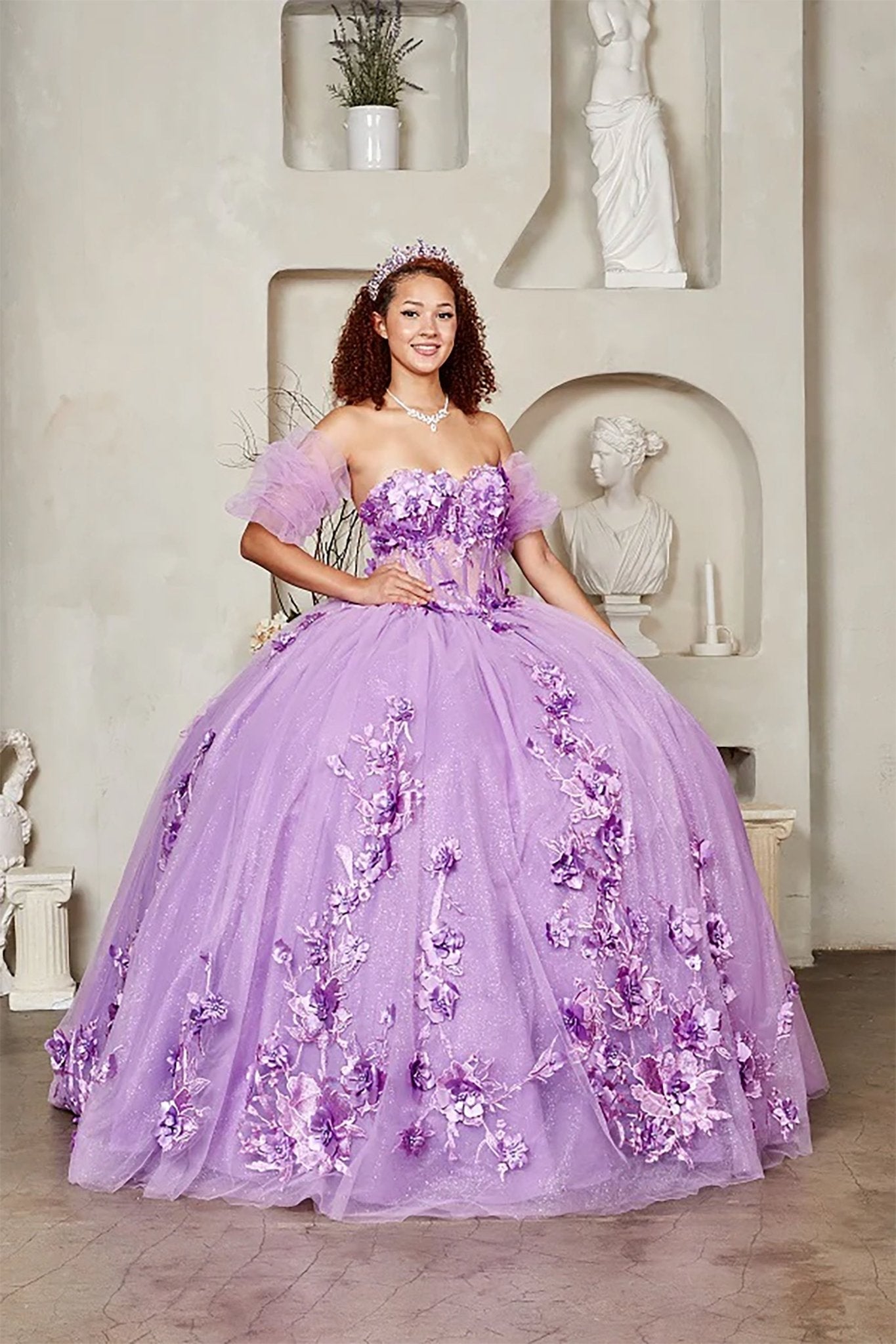 Lilac Sweetheart Corset Gown with Ruffle Sleeves and 3D Floral Appliqués Sweet 15 Ball Gown Lilac Sweetheart Corset Gown with Ruffle Sleeves and 3D Floral Appliqués Sweet 15 Ball Gown