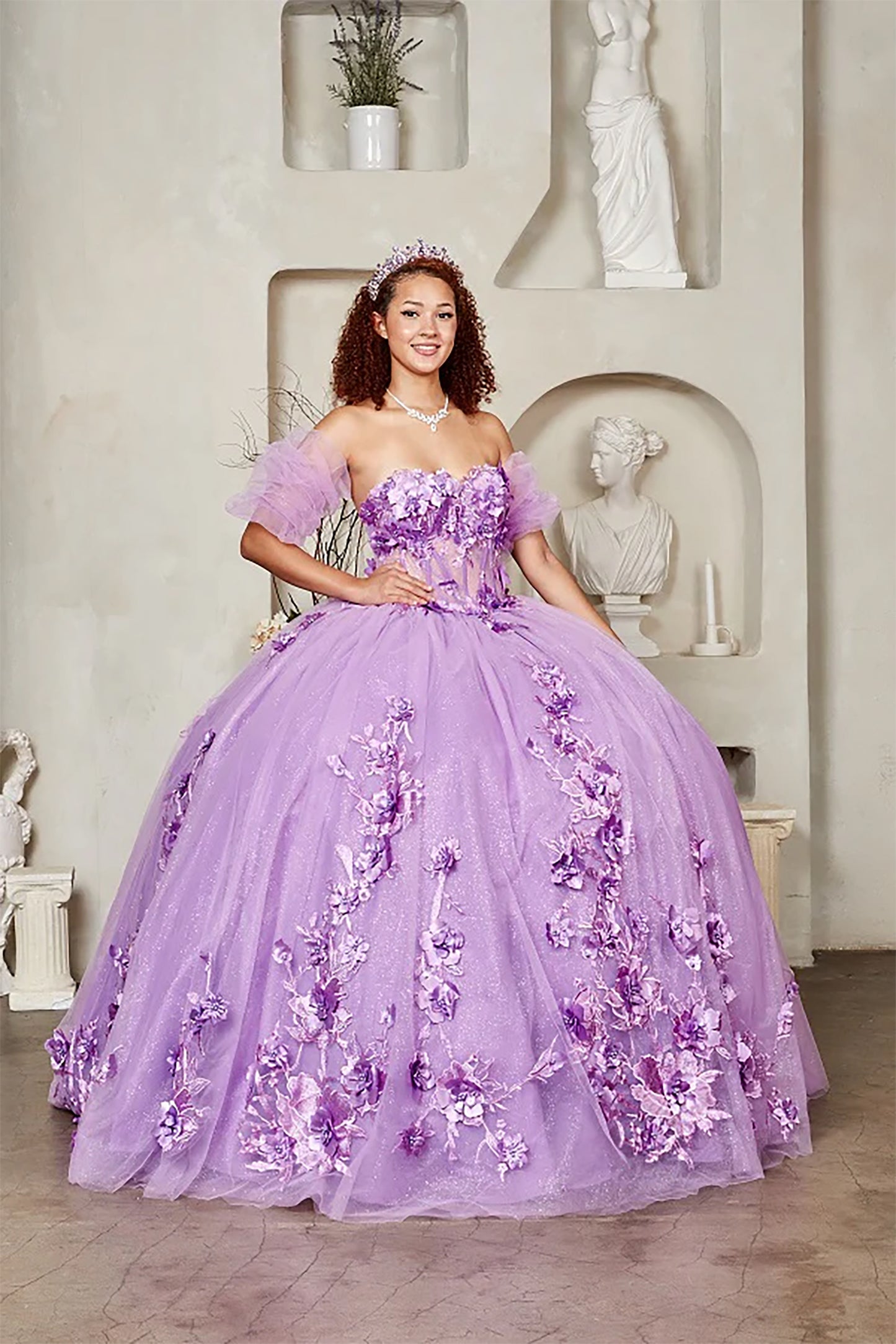 Quinceanera | Sweetheart Corset Gown with Ruffle Sleeves and 3D Floral Appliqués Sweet 15 Ball Gown | Socorra dress lilac front view