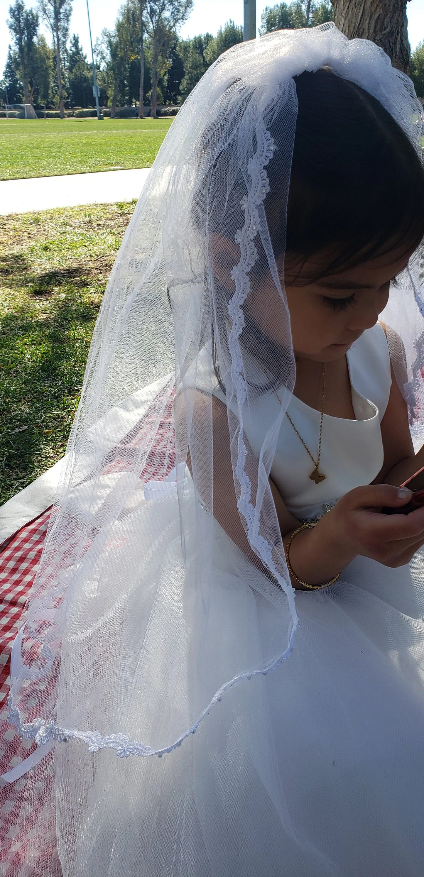 USA Made | Handmade Flower Girl Lace Rhinestone and Pearl Veil | Communion Lace Rhinestone Veil whole side