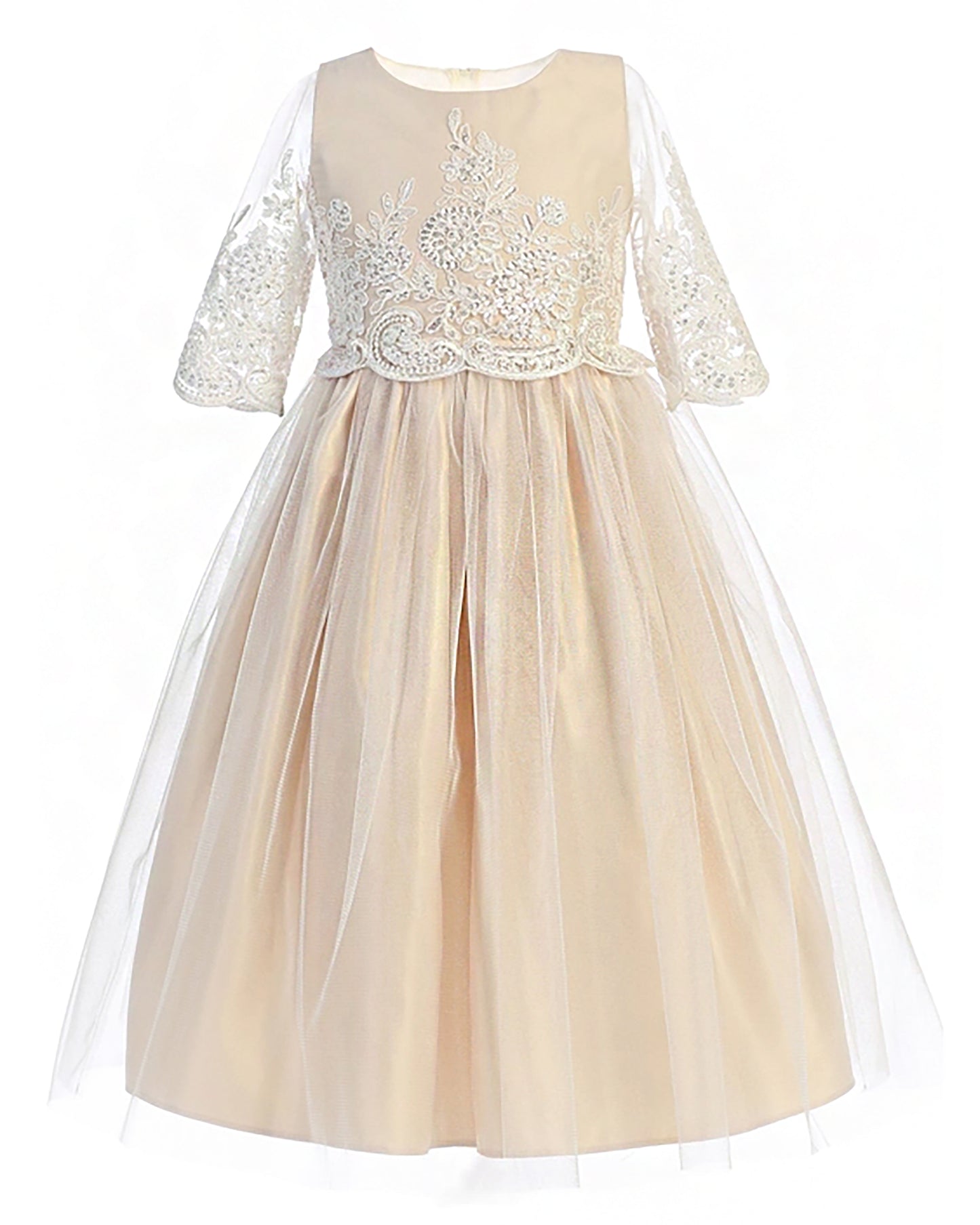 Champagne dress with lace top and sheer sleeves on a white background