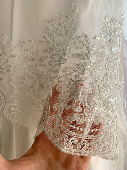 Sequin detail Scalloped Lace Top with Satin & Tulle Flower Girl Dress - detailed view of dress pattern