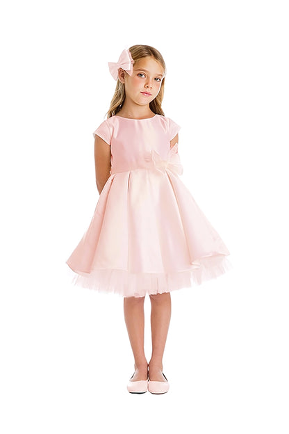 Full Pleated Satin and Crystal Tulle Dress with Detachable oversized organza tulle bow Flower Girl Dress - girl wearing dress in pink color