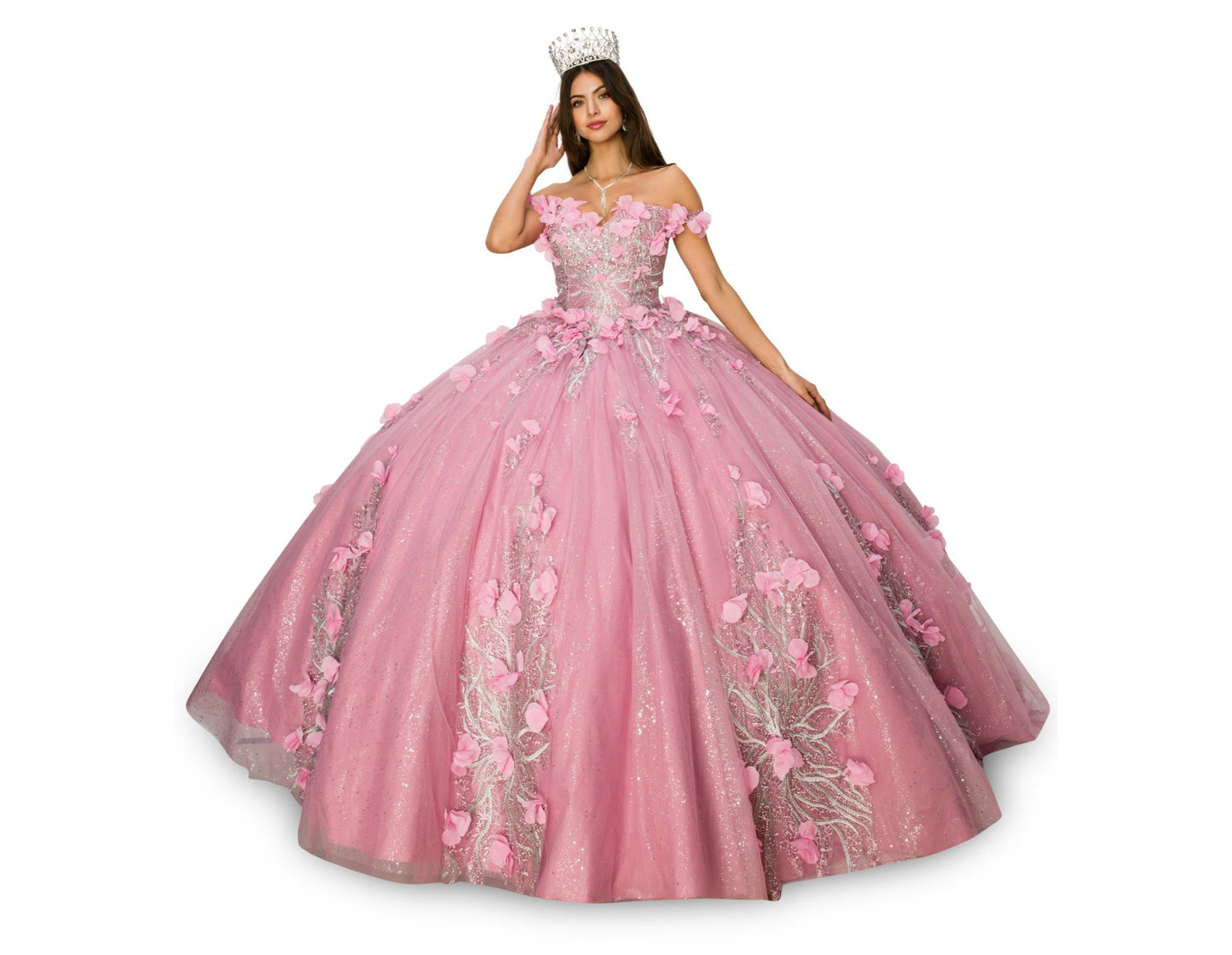 Quinceanera | Rose Off-shoulder Embroidered Stones with 3D Floral Applique Ball gown with Rhinestone shoulder strap | Kennedy dress | 3 Colors Available front