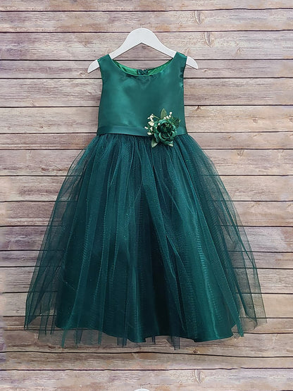 USA Made | Hunter Green Dull Satin and Tulle dress with beautiful pin-on bouquet satin sash Flower Girl dress - front view on hanger