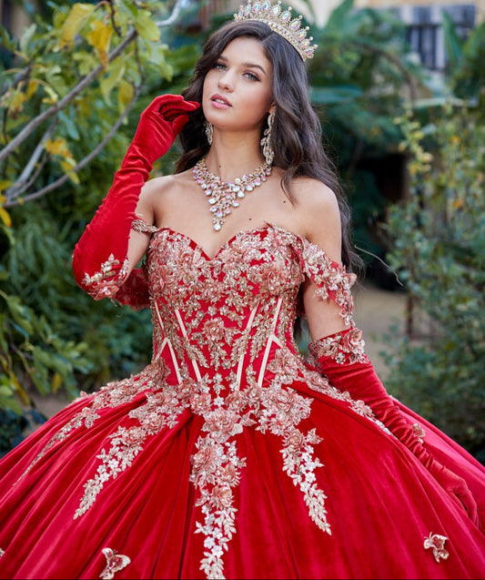 Velvet Off-shoulder Sweetheart Gold Sequin Butterfly Floral Ballgown with Sweep Train | Araceli dress | 2 Colors Available  front zoom