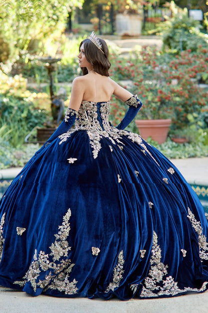 Quinceanera | Navy Velvet Off-shoulder Sweetheart Gold Sequin Butterfly Floral Ballgown with Sweep Train | Araceli dress | 2 Colors Available