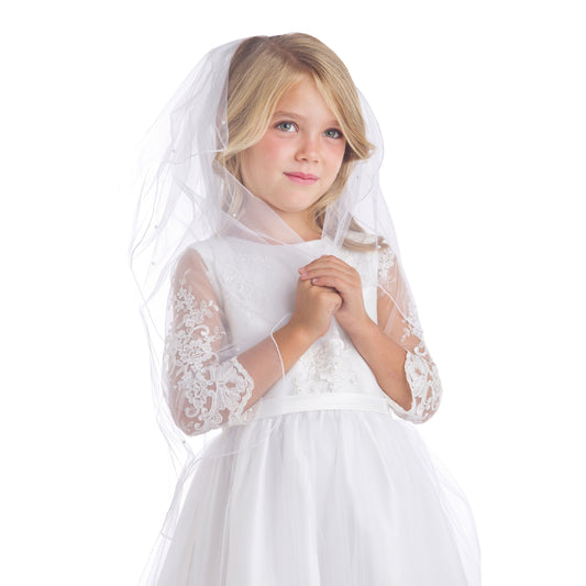 USA Made White Lace Flower Girl Dress | Ankle Length 3/4 Sleeve Embroidered Tulle Dress | First Communion Dress