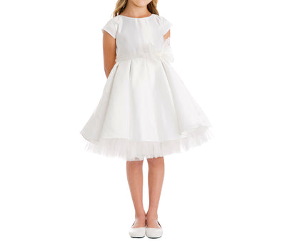 Full Pleated Satin and Crystal Tulle Dress with Detachable oversized organza tulle bow Flower Girl Dress - girl wearing dress in white color