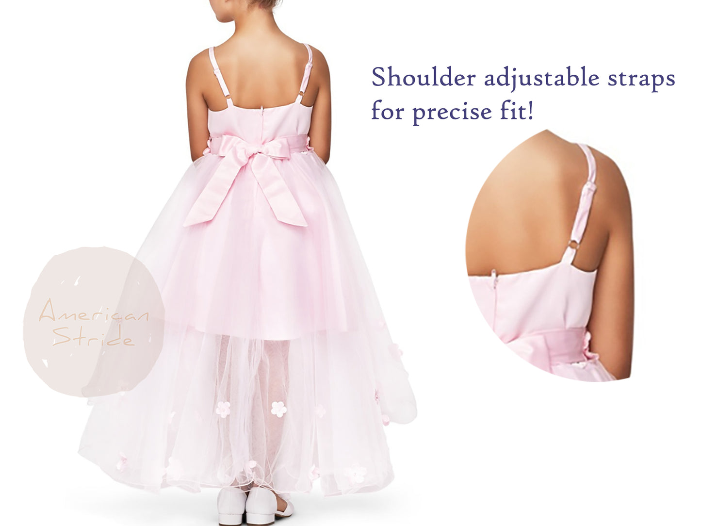 Blush High-Low Tulle Dress with Embedded 3D Floral Design | Flower Girl Dress - Shoulder adjustable straps for precise fit!