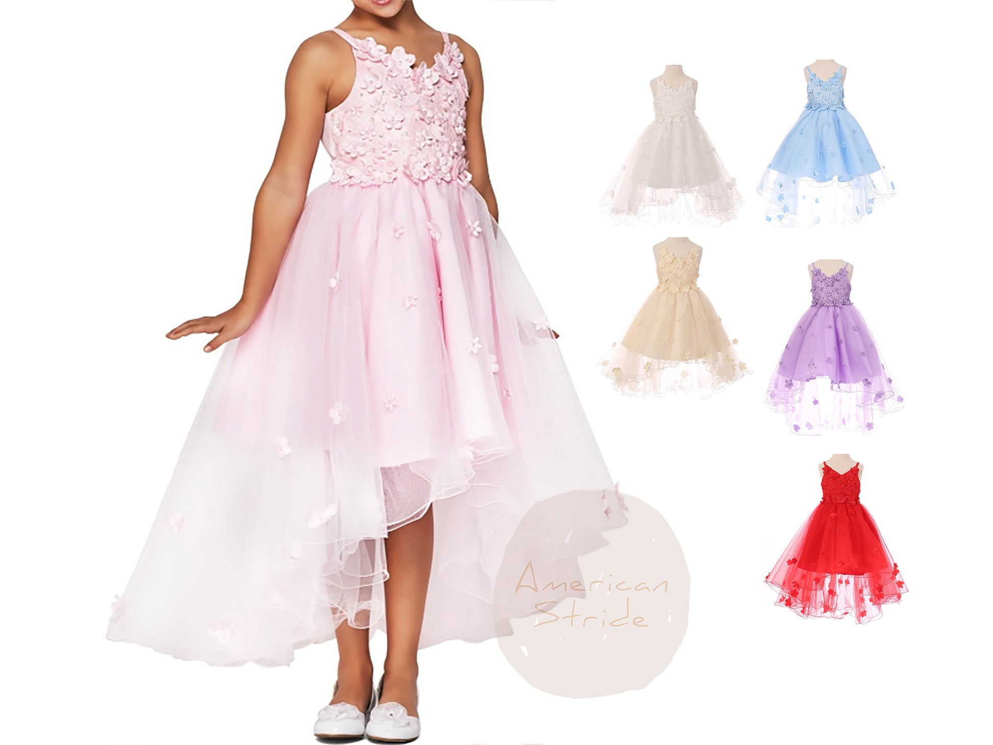 Sky Blue High-Low Tulle Dress with Embedded 3D Floral Design | Flower Girl Dress - different dresses showing different colors