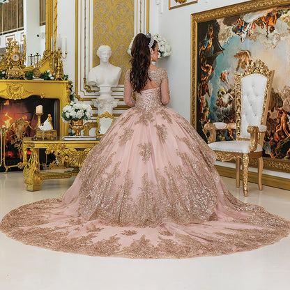 Quinceañera | Rose Gold Rhinestone Sheer Long Sleeve Quinceañera Dress with Long Tail | Rivera dress back view