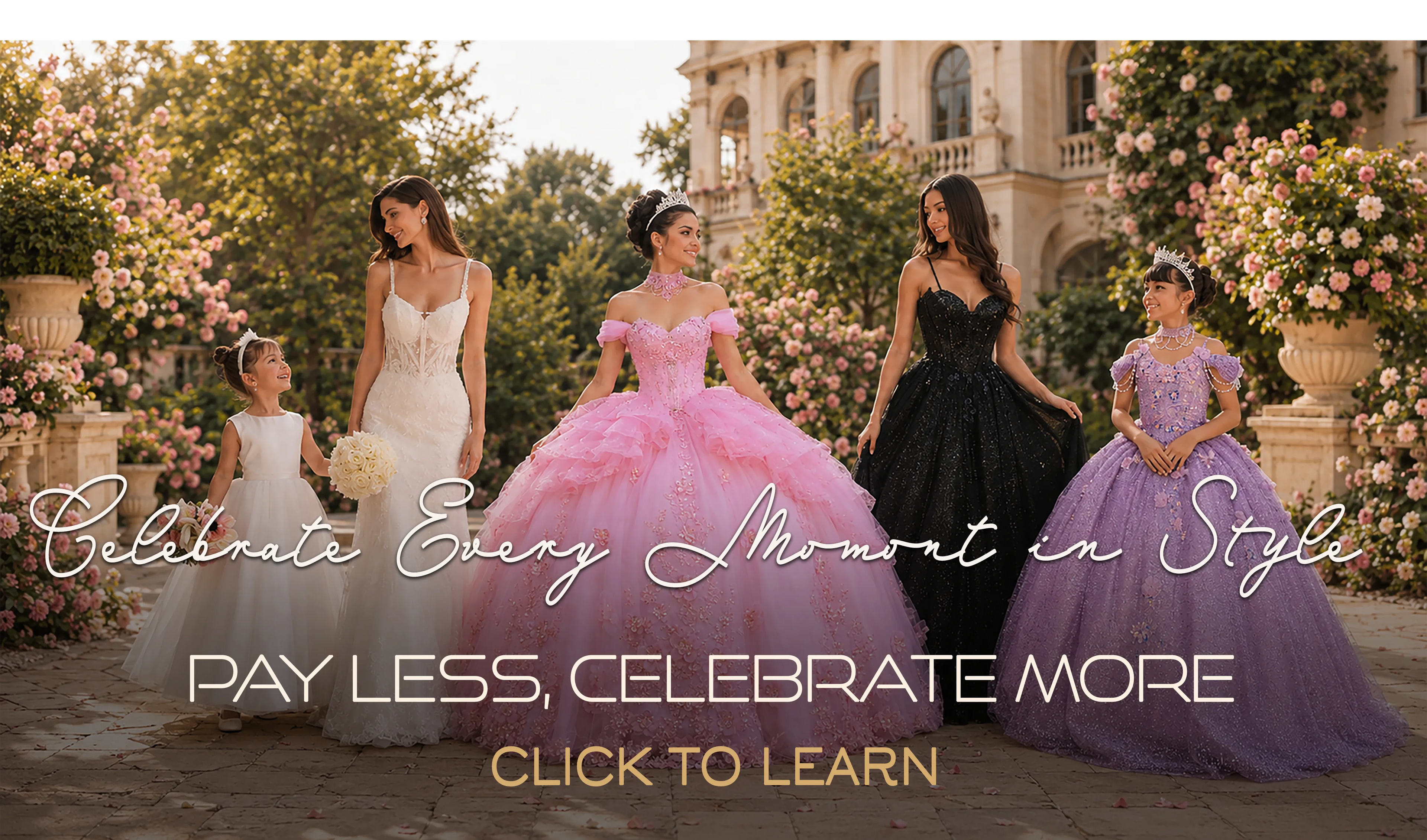 Four women and a young girl wearing formal ball gowns stand outdoors in a garden courtyard with large flower arrangements and a building in the background. The gowns are shown in white, pink, black, and lavender, with promotional text overlaid across the bottom.