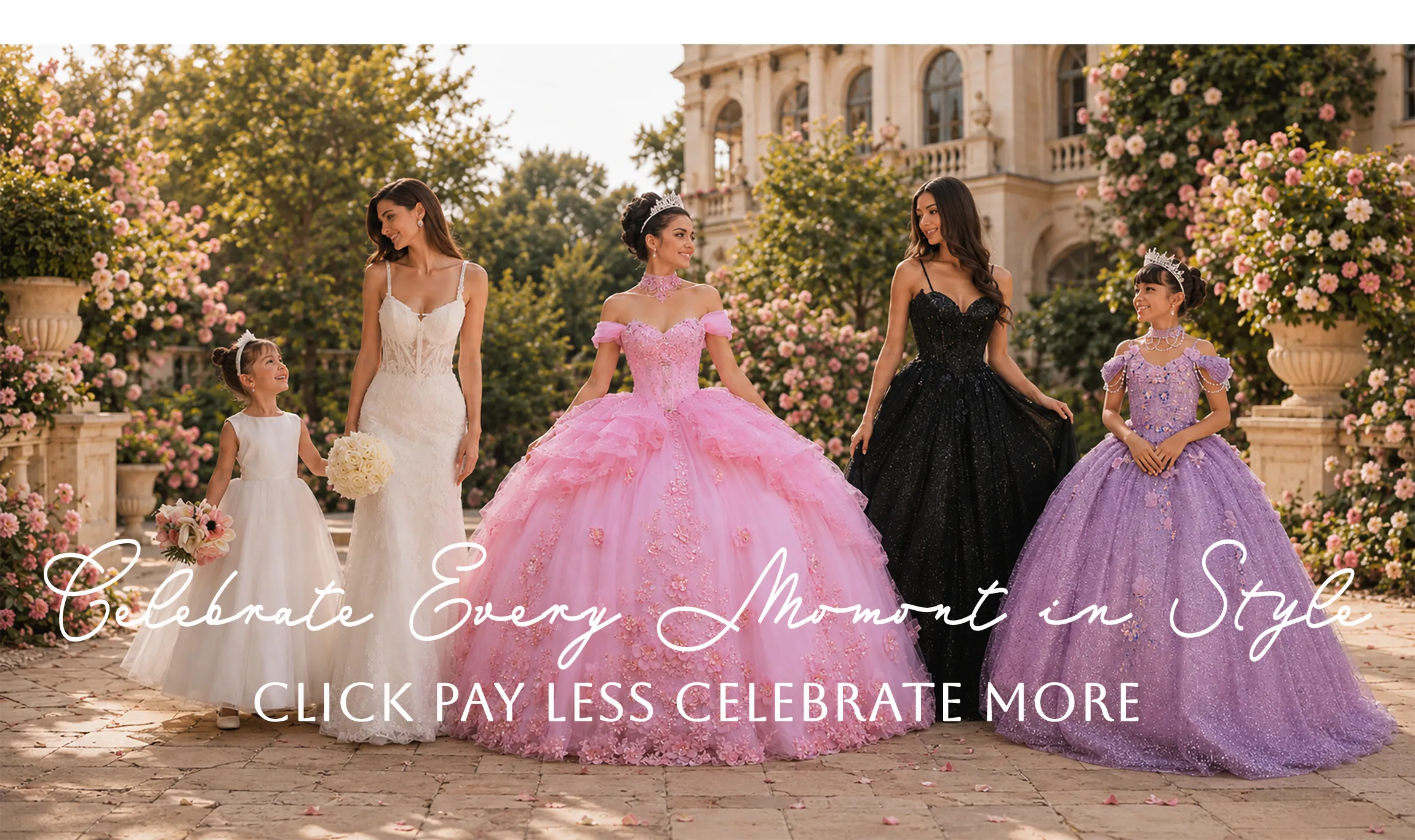 Four women in formal dresses standing in front of a floral arrangement with text overlay.