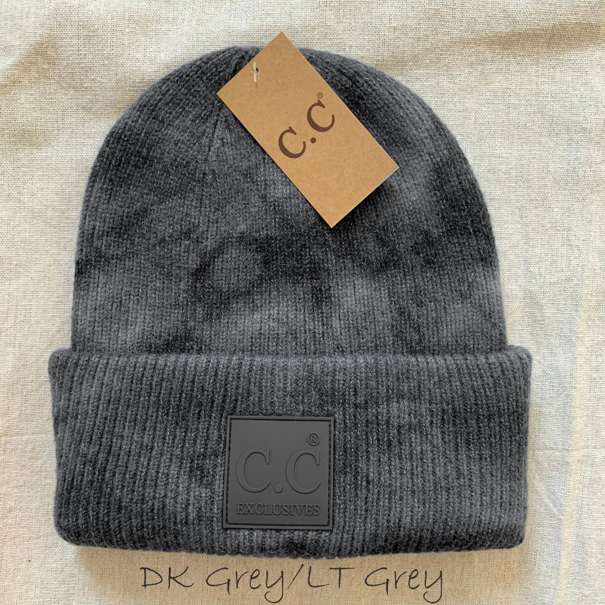 Dark gray tie-dye women's winter beanie.