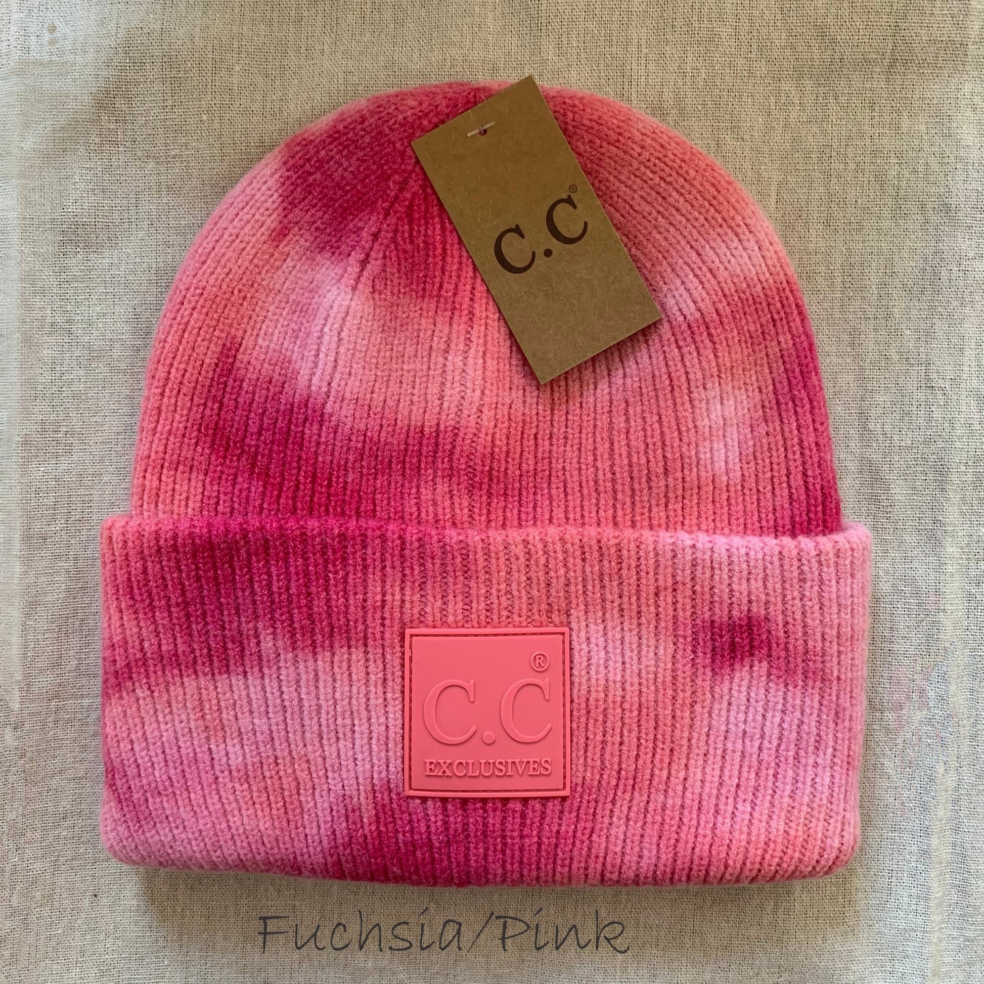 Pink tie-dye women's winter beanie.