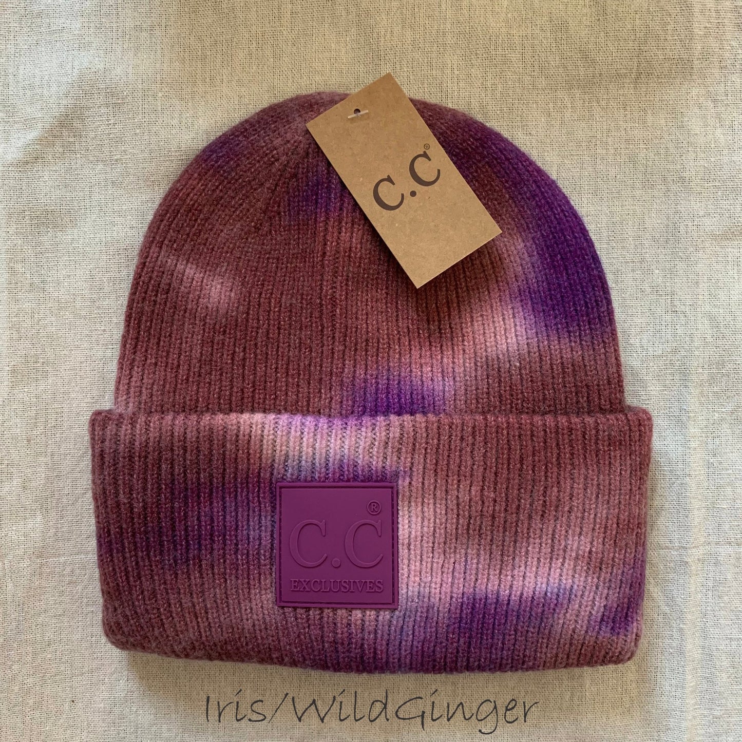 Purple tie-dye women's winter beanie.