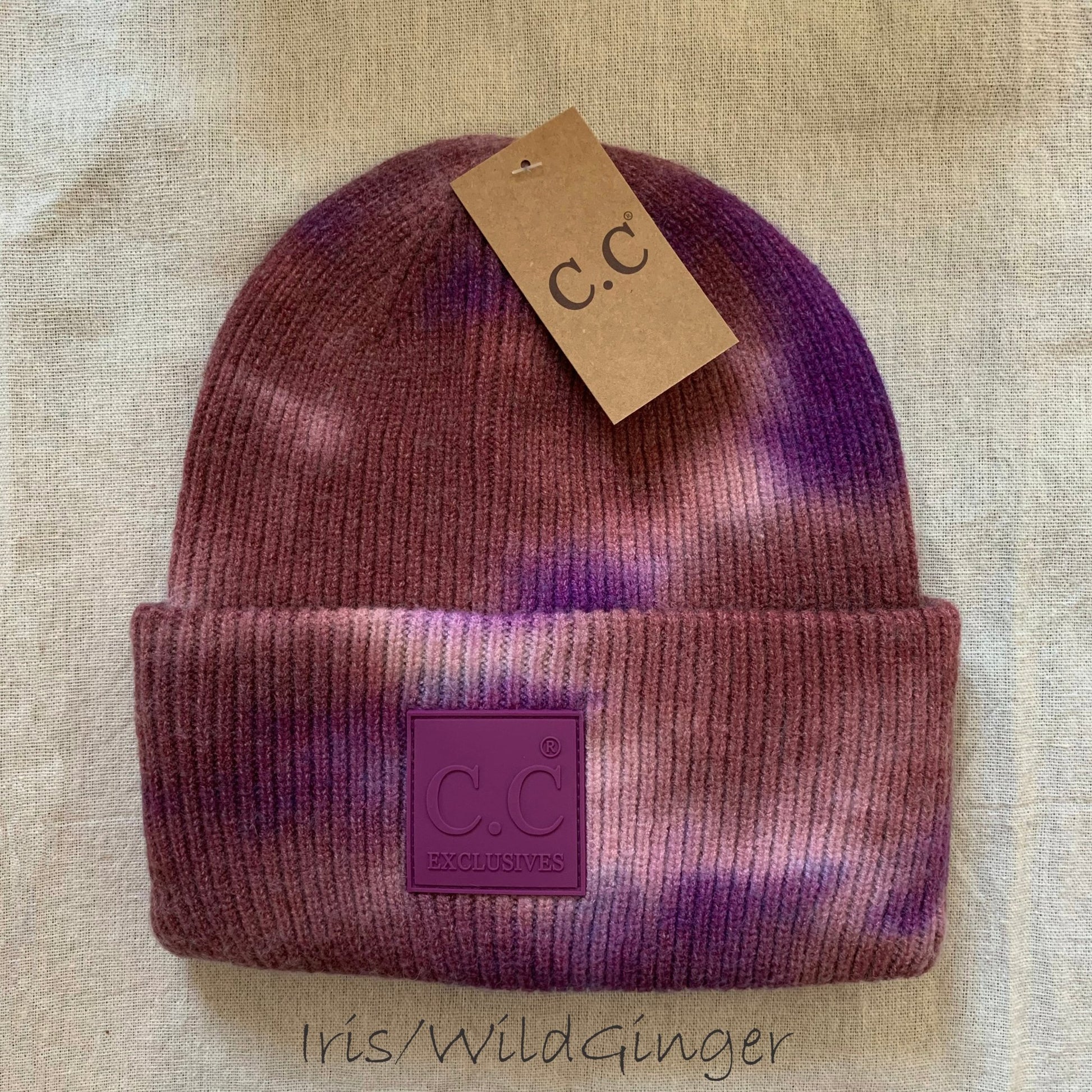 Purple tie-dye women's winter beanie.