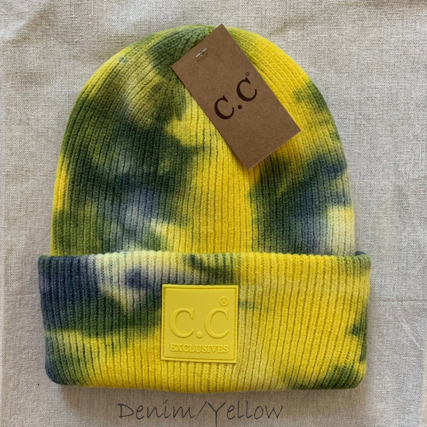 Yellow tie-dye women's winter beanie.