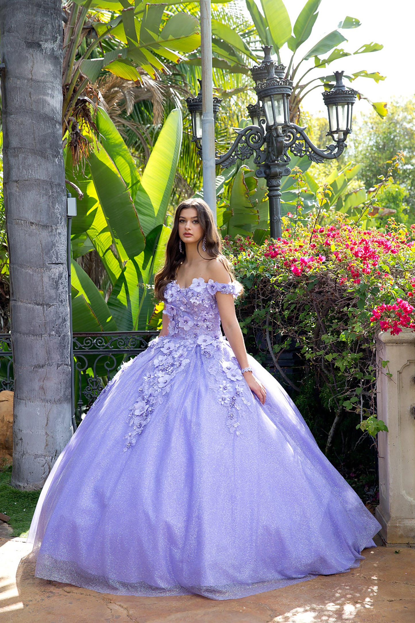 Quinceanera | Lilac 3D Floral Off-Shoulder Quince Dress with Cape | Belen dress | 2 Colors Available front 